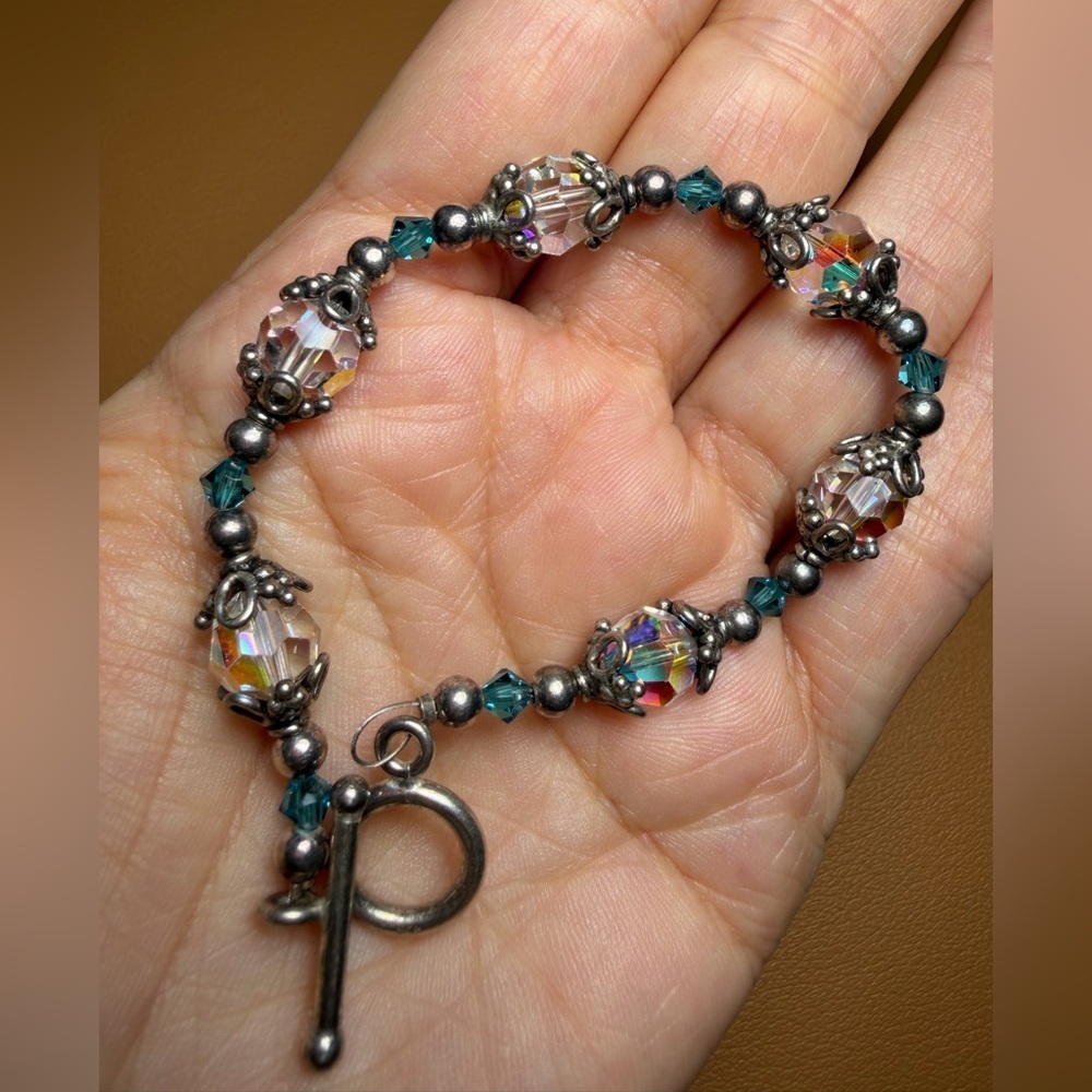 Sterling Silver 925 Crystal & Teal Bead Toggle Bracelet